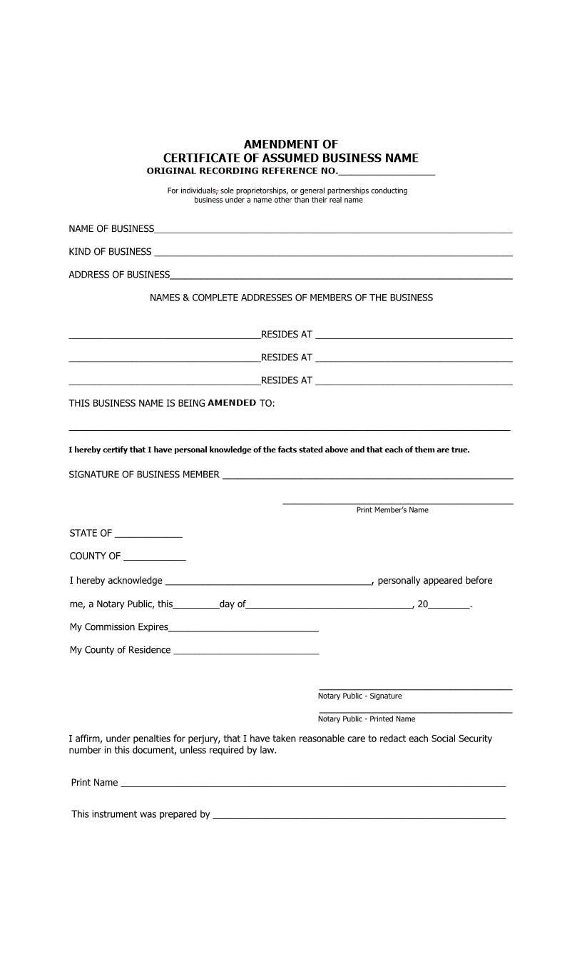 Amendment Of Certificate Of Assumed Business Name  | Pdf Fpdf Docx | Indiana