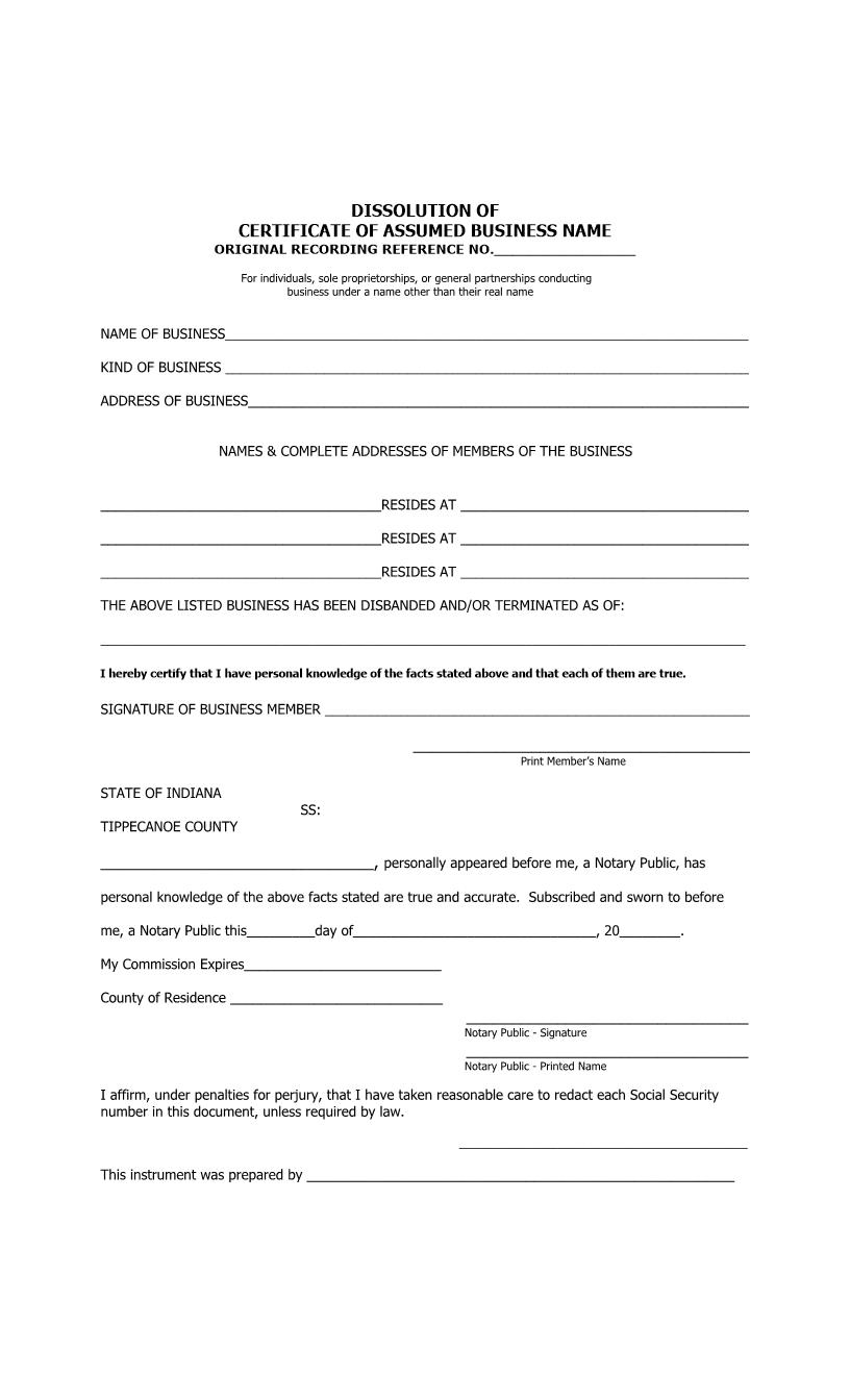 Dissolution Of Certificate Of Assumed Business Name  | Pdf Fpdf Docx | Indiana