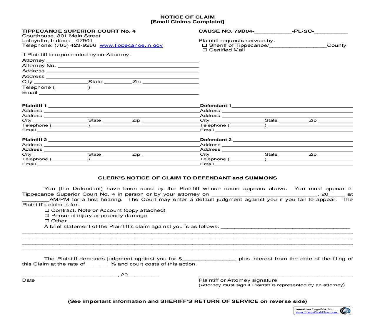 Notice Of Claim And Summons (Small Claims Complaint) | Pdf Fpdf Doc Docx | Indiana