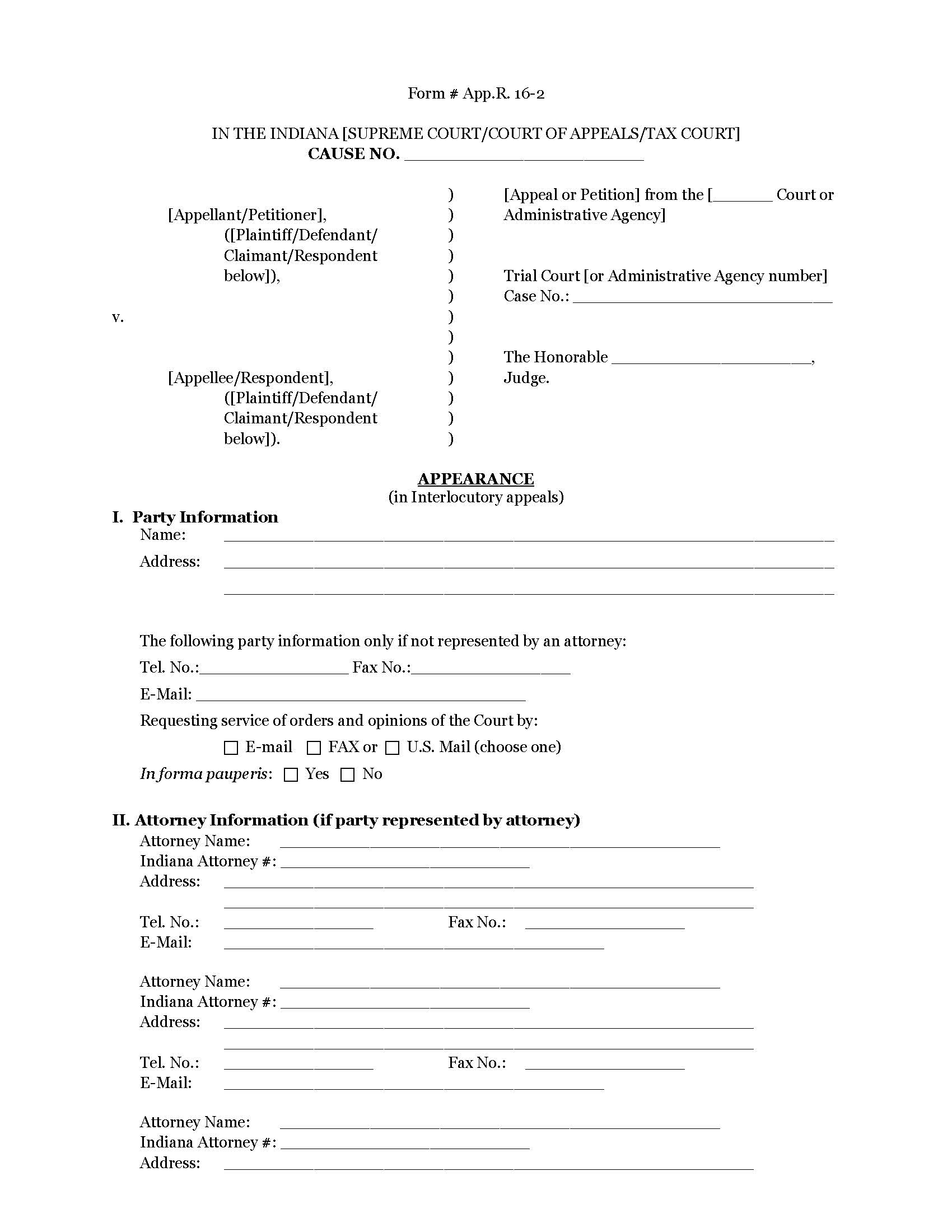 Appearance (In Interlocutory Appeals) {16-2} | Pdf Fpdf Docx | Indiana