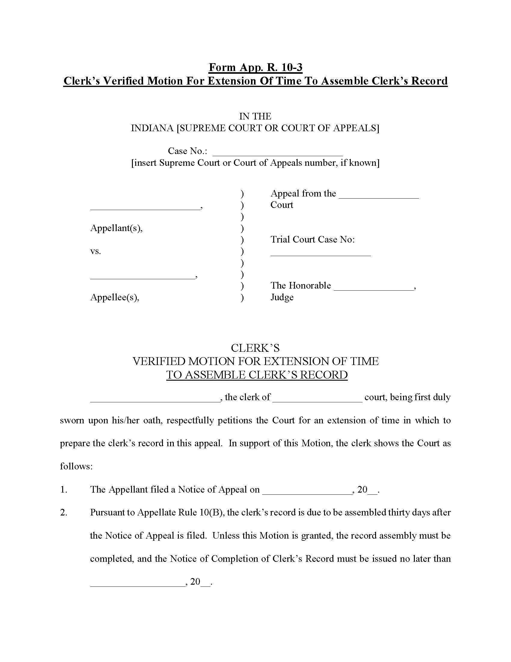 Clerks Verified Motion For Extension Of Time To Assemble Clerks Record {10-3} | Pdf Fpdf Doc Docx | Indiana