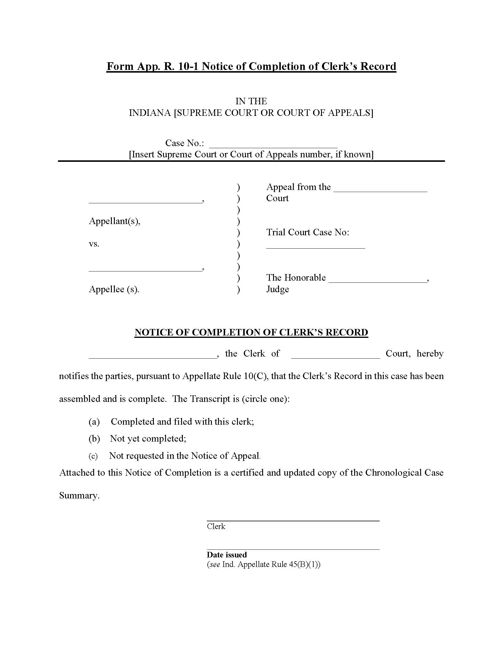 Notice Of Completion Of Clerks Record | Pdf Fpdf Doc Docx | Indiana