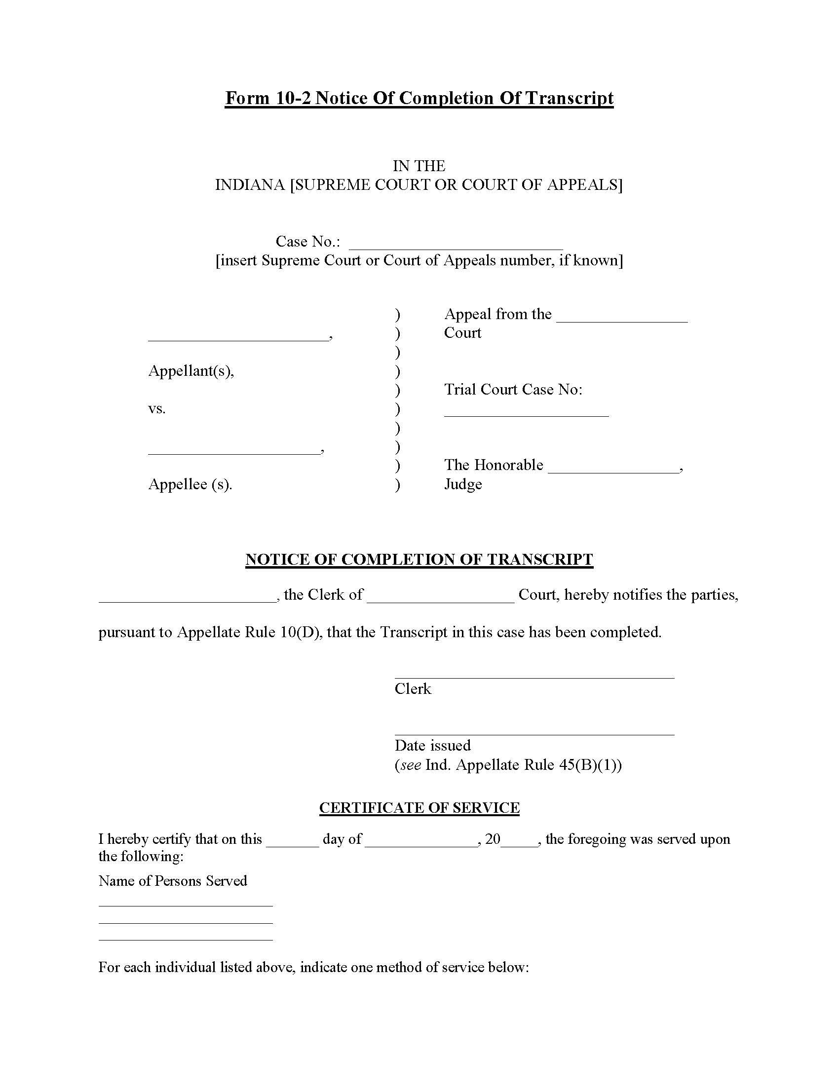 Notice Of Completion Of Transcript | Pdf Fpdf Doc Docx | Indiana