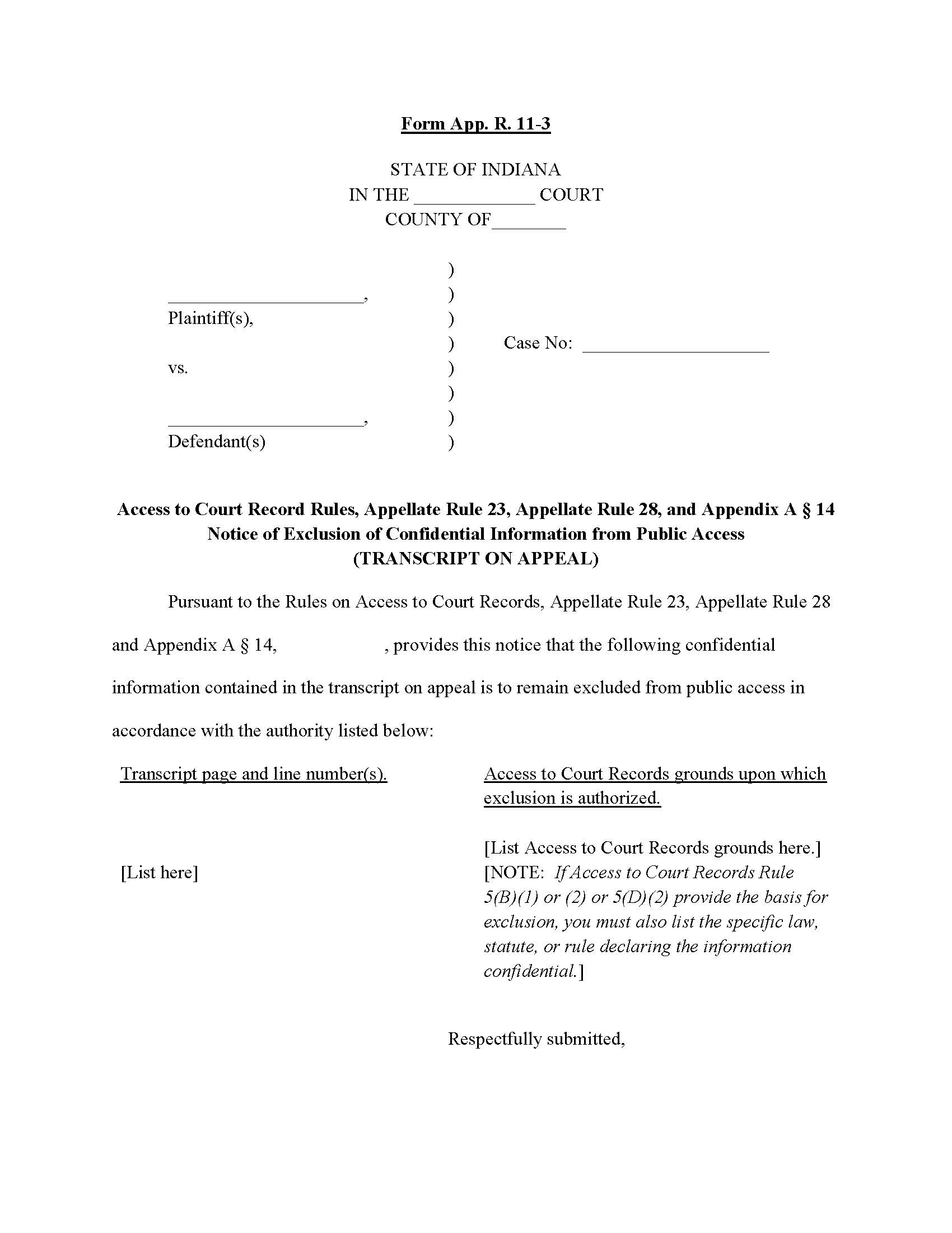 Notice Of Exclusion Of Confidential Information From Public Access {11-3} | Pdf Fpdf Doc Docx | Indiana
