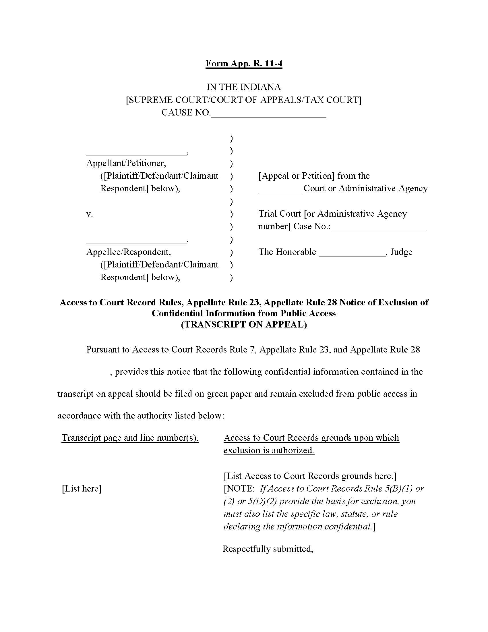 Notice Of Exclusion Of Confidential Information From Public Access {11-4} | Pdf Fpdf Doc Docx | Indiana