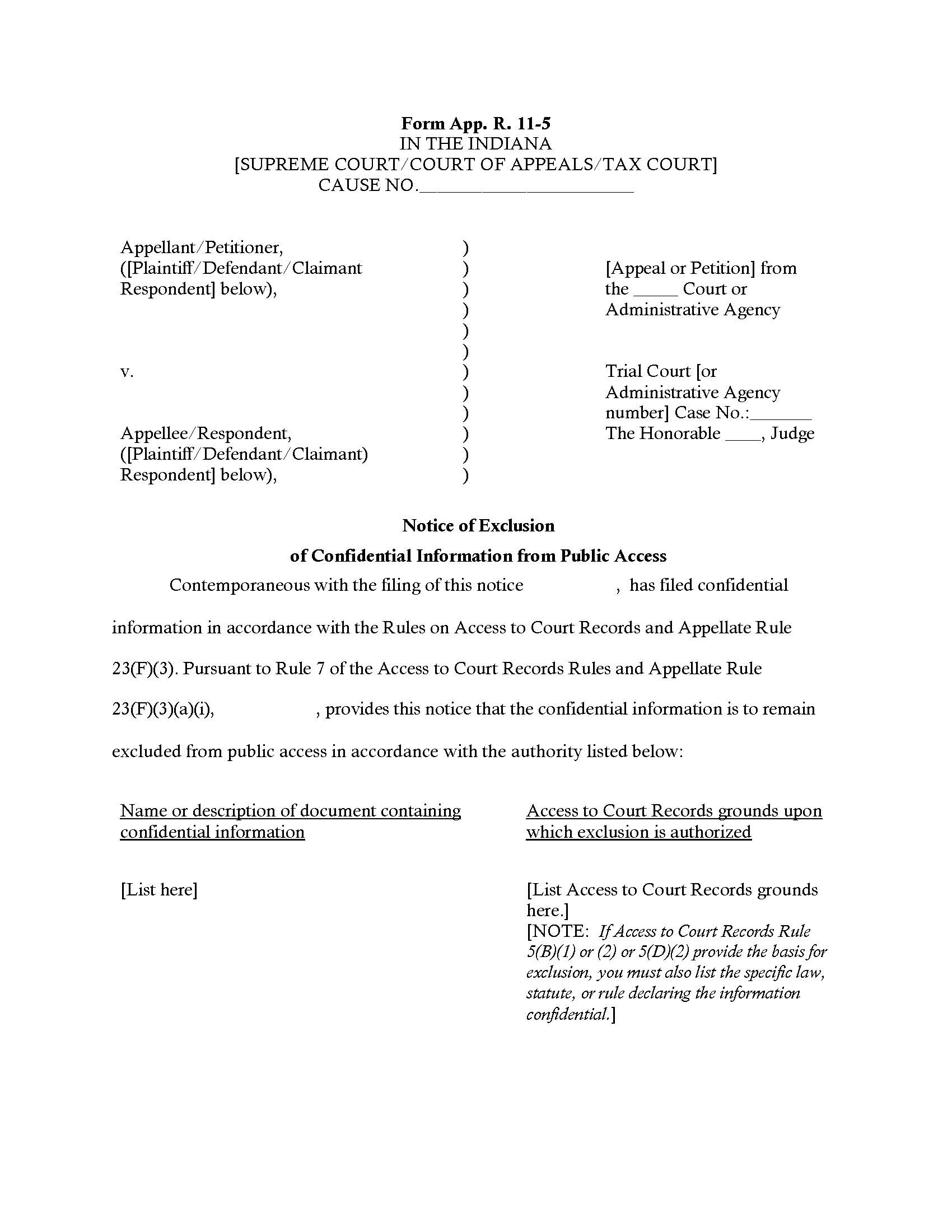 Notice Of Exclusion Of Confidential Information From Public Access {11-5} | Pdf Fpdf Docx | Indiana