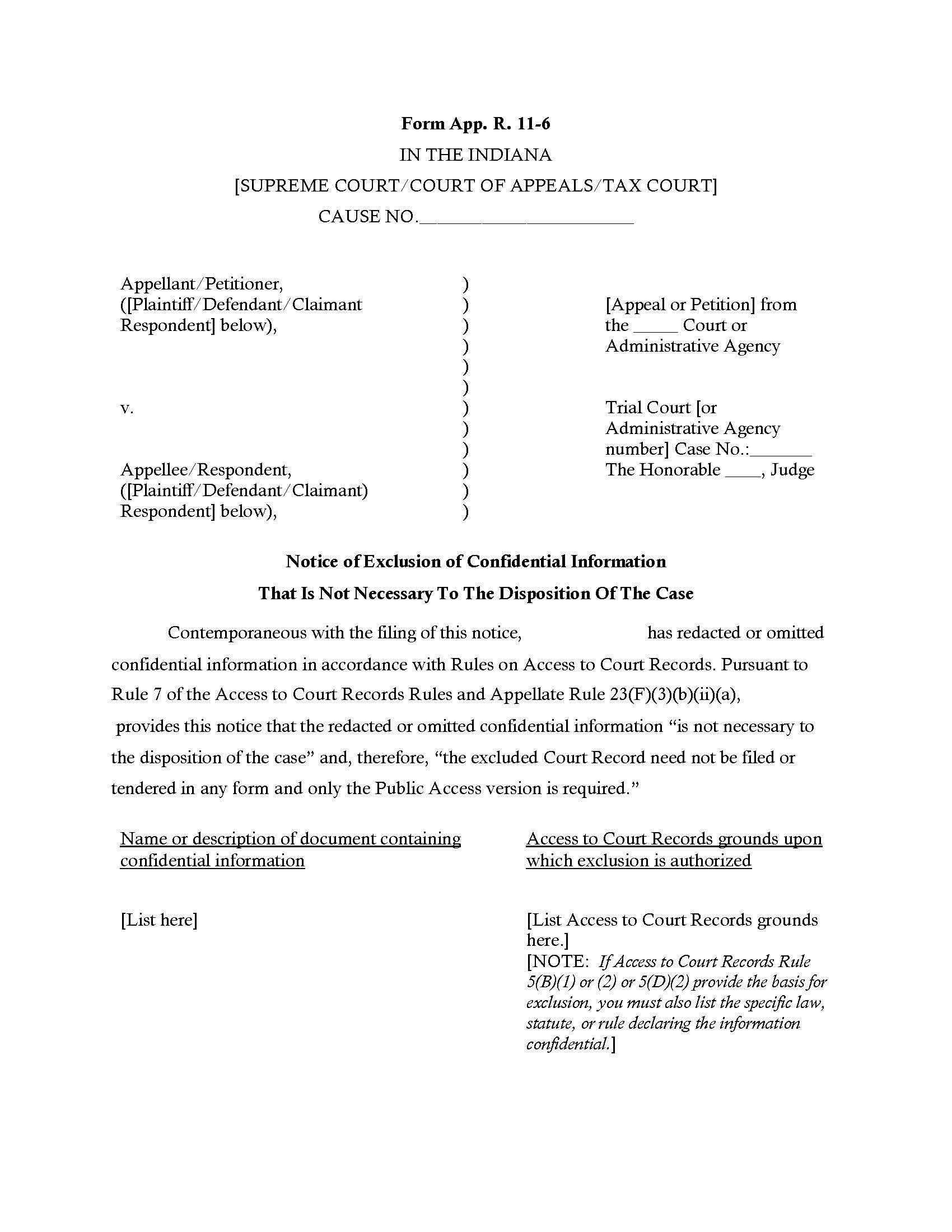 Notice Of Exclusion Of Confidential Information Not Necessary To Case {11-6} | Pdf Fpdf Docx | Indiana
