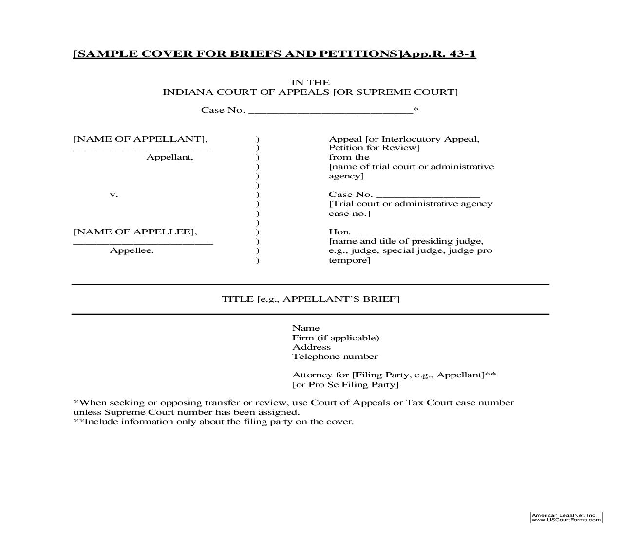 Sample Cover For Briefs And Petitions | Pdf Fpdf Doc Docx | Indiana