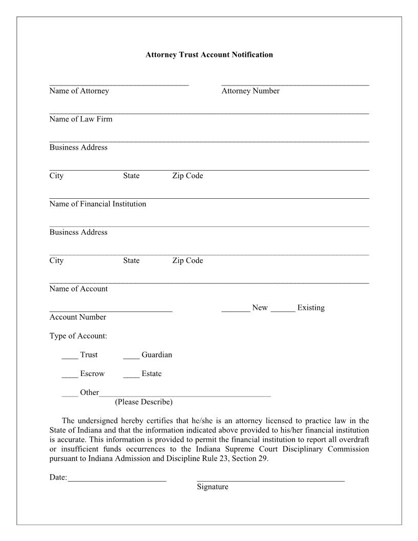 Attorney Trust Account Notification | Pdf Fpdf Docx | Indiana