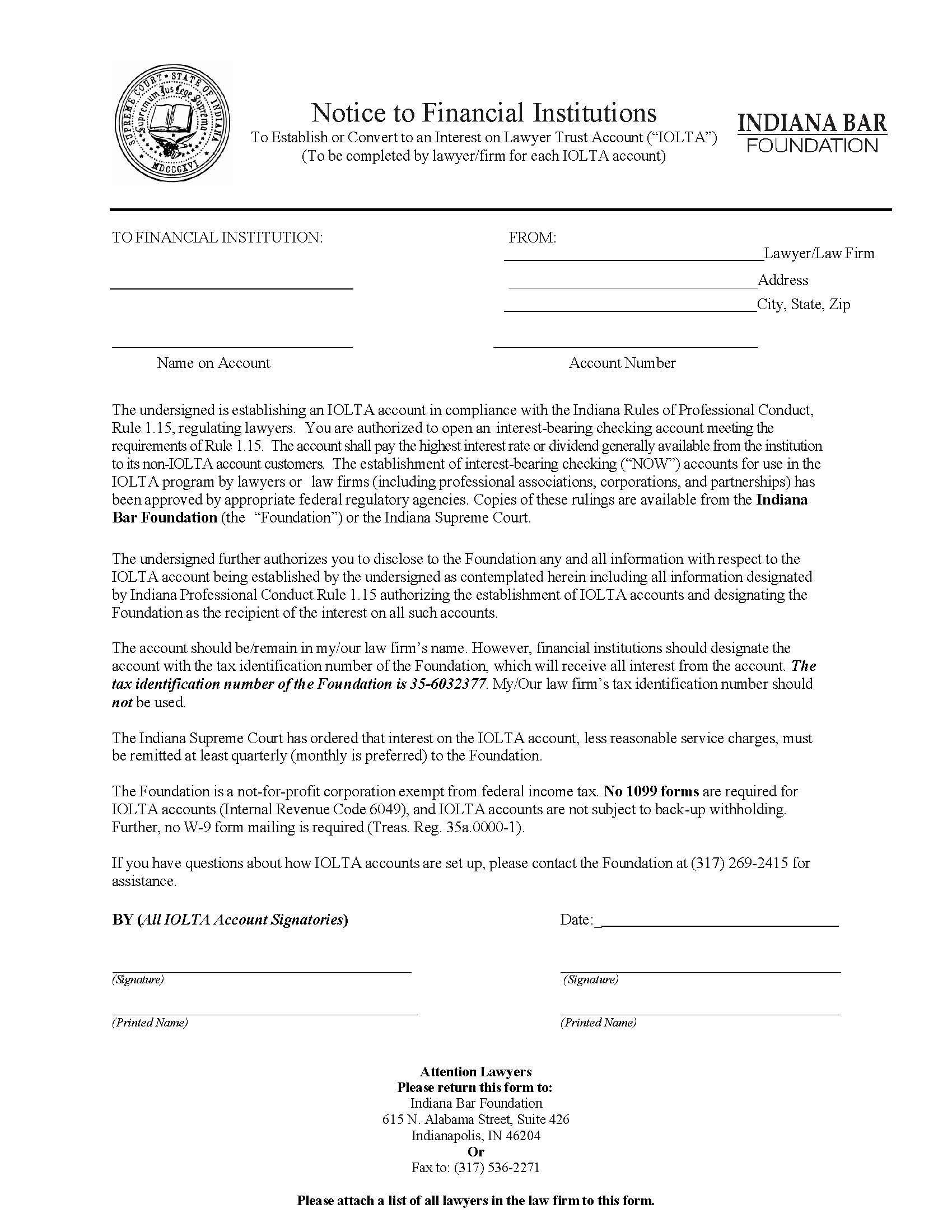 Notice To Financial Institutions (IOLTA Account) | Pdf Fpdf Doc Docx | Indiana