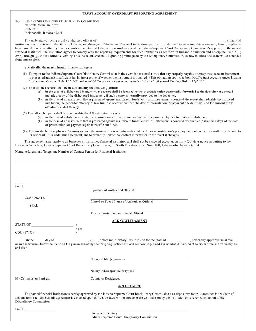 Trust Account Overdraft Reporting Agreement | Pdf Fpdf Docx | Indiana