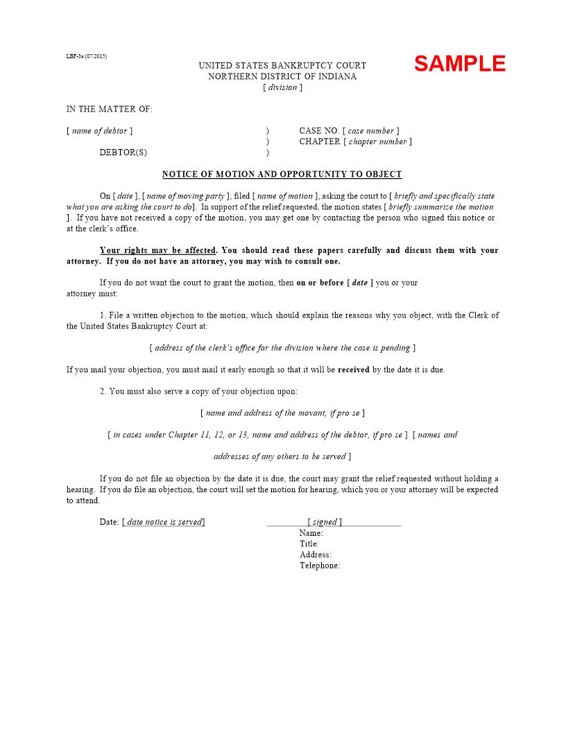 Notice Of Motion And Opportunity To Object (Complete Description) (Sample And Form) {LBF-3a} | Pdf Fpdf Doc Docx | Indiana