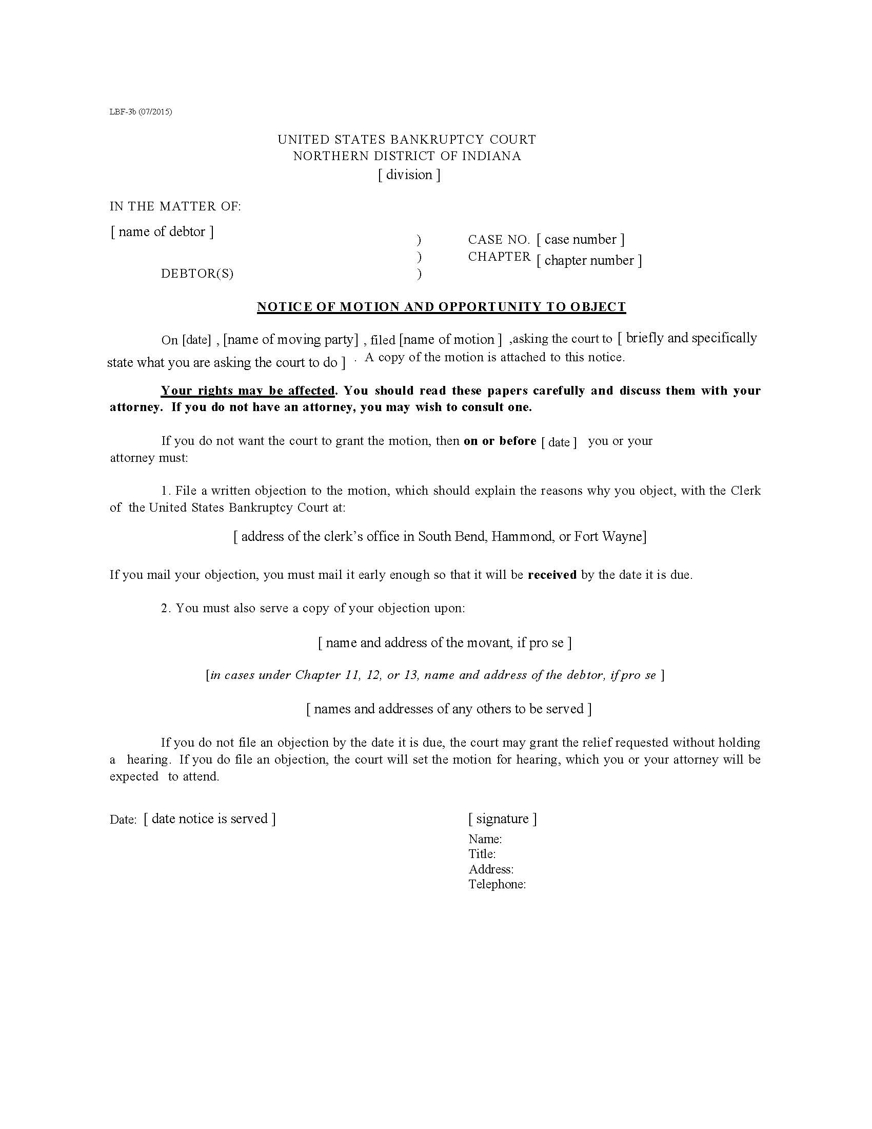 Notice Of Motion And Opportunity To Object (Motion Attached) (Sample And Form) {LBF-3b} | Pdf Fpdf Doc Docx | Indiana