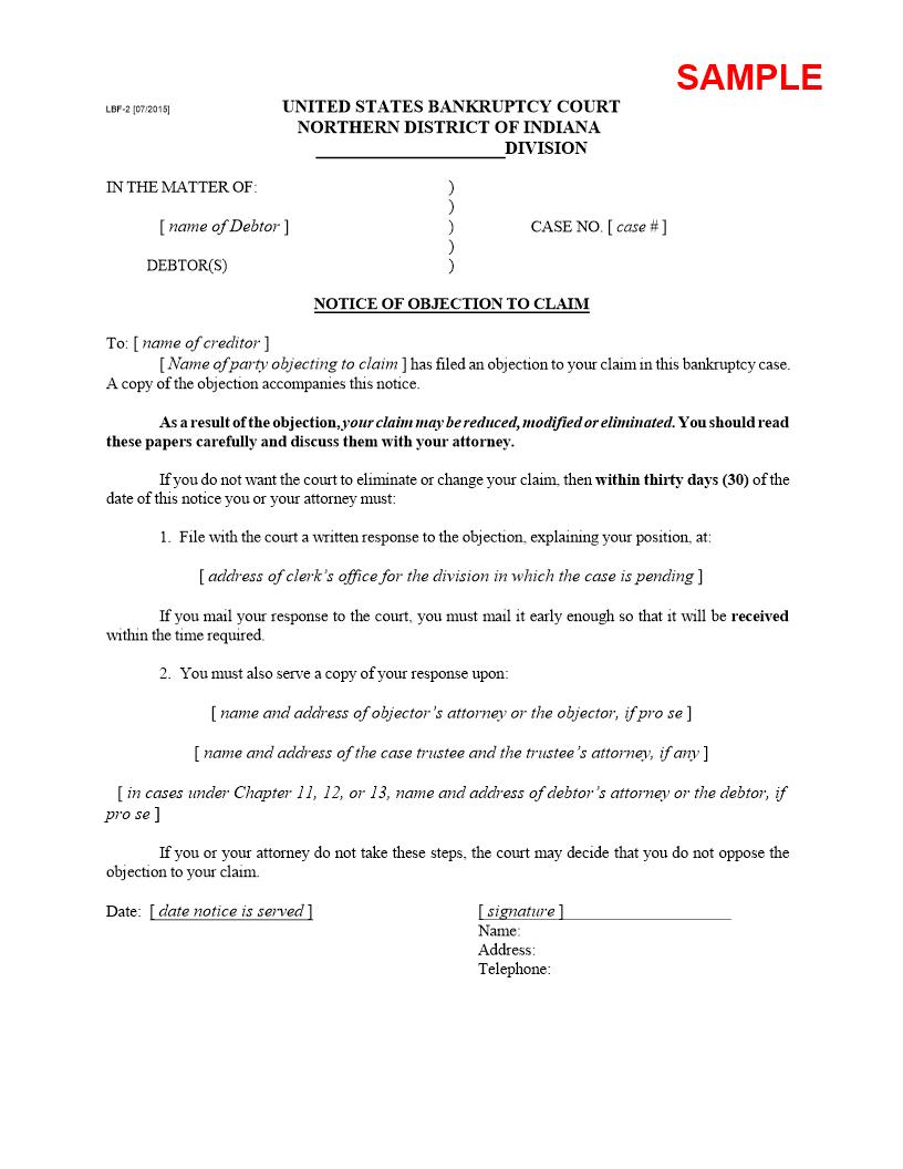 Notice Of Objection To Claim (Sample And Form) {LBF-2} | Pdf Fpdf Doc Docx | Indiana