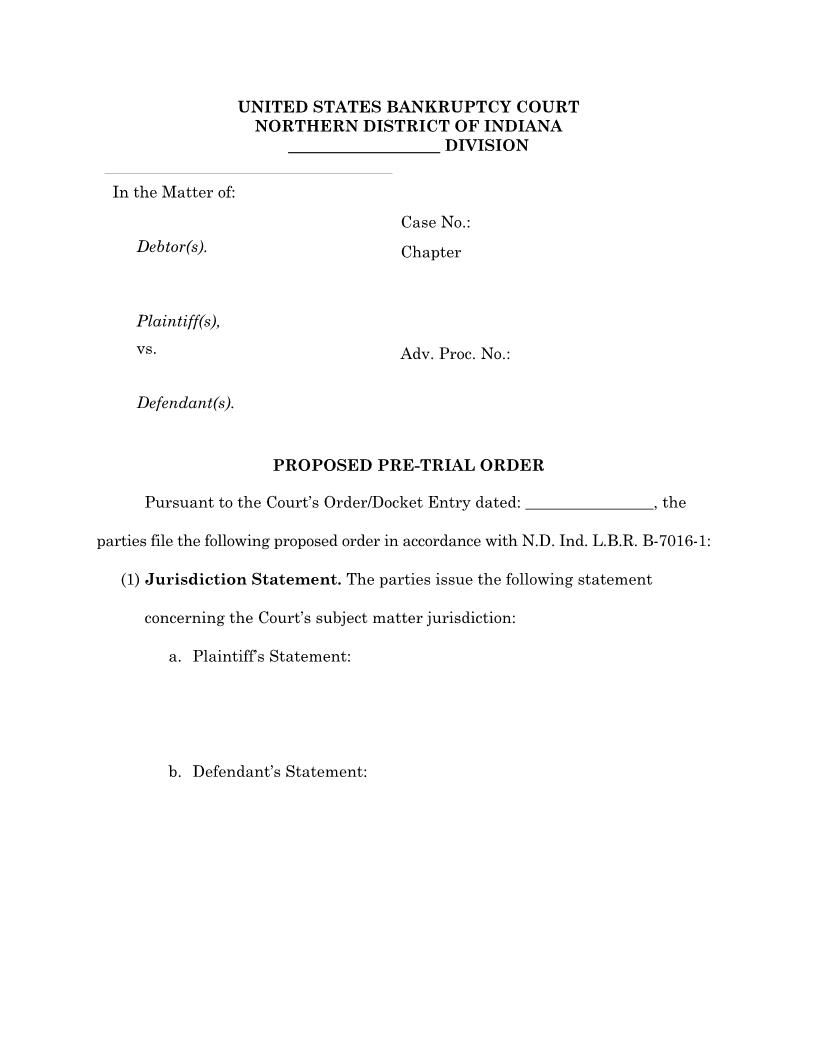 Proposed Pretrial Order (Adversary - Judge Singleton) | Pdf Fpdf Docx | Indiana