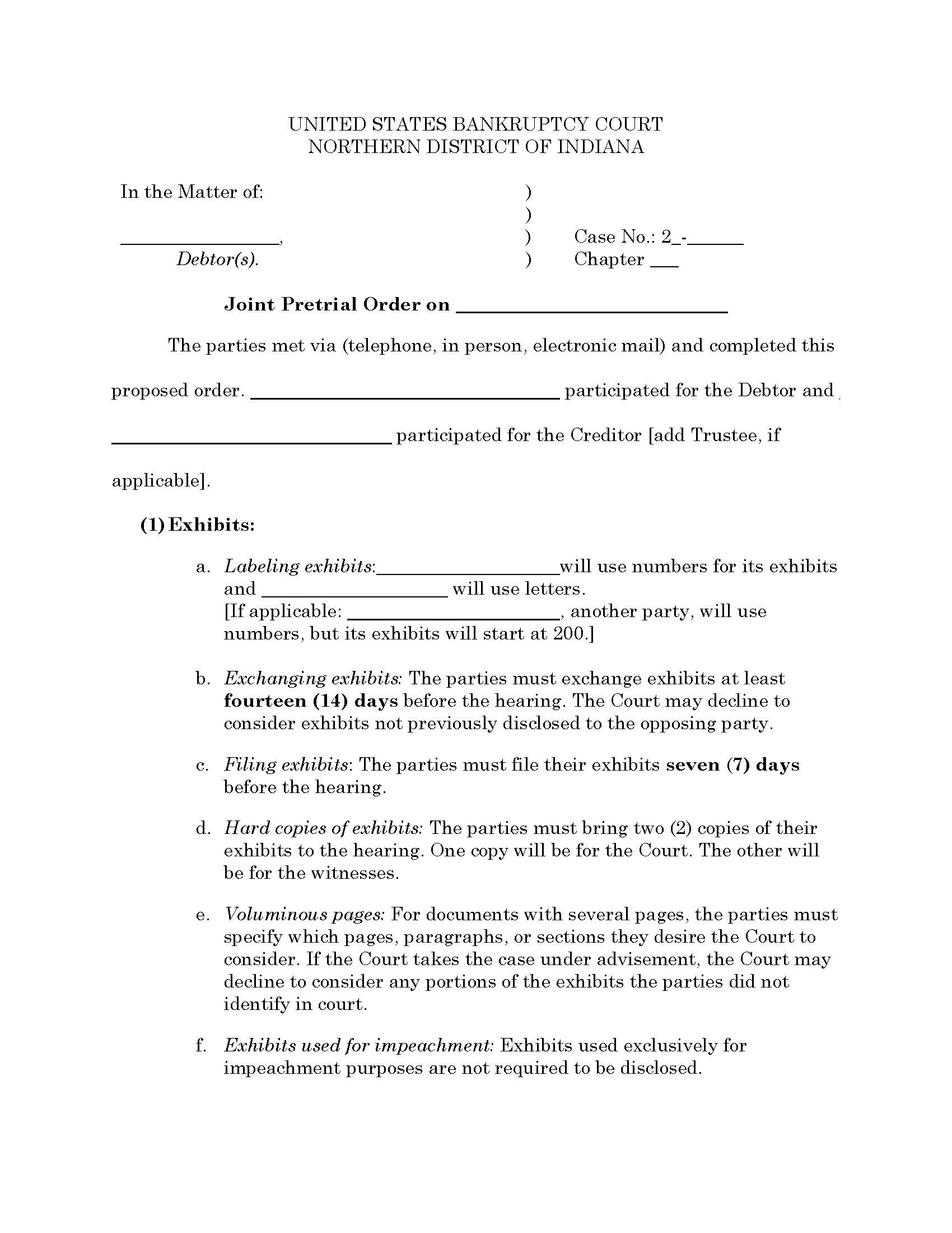 Proposed Pretrial Order (Bankruptcy - Judge Singleton) | Pdf Fpdf Docx | Indiana