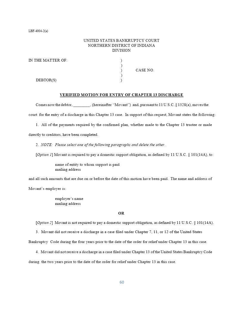 Verified Motion For Entry Of Chapter 13 Discharge {LBF-4004-2} | Pdf Fpdf Doc Docx | Indiana