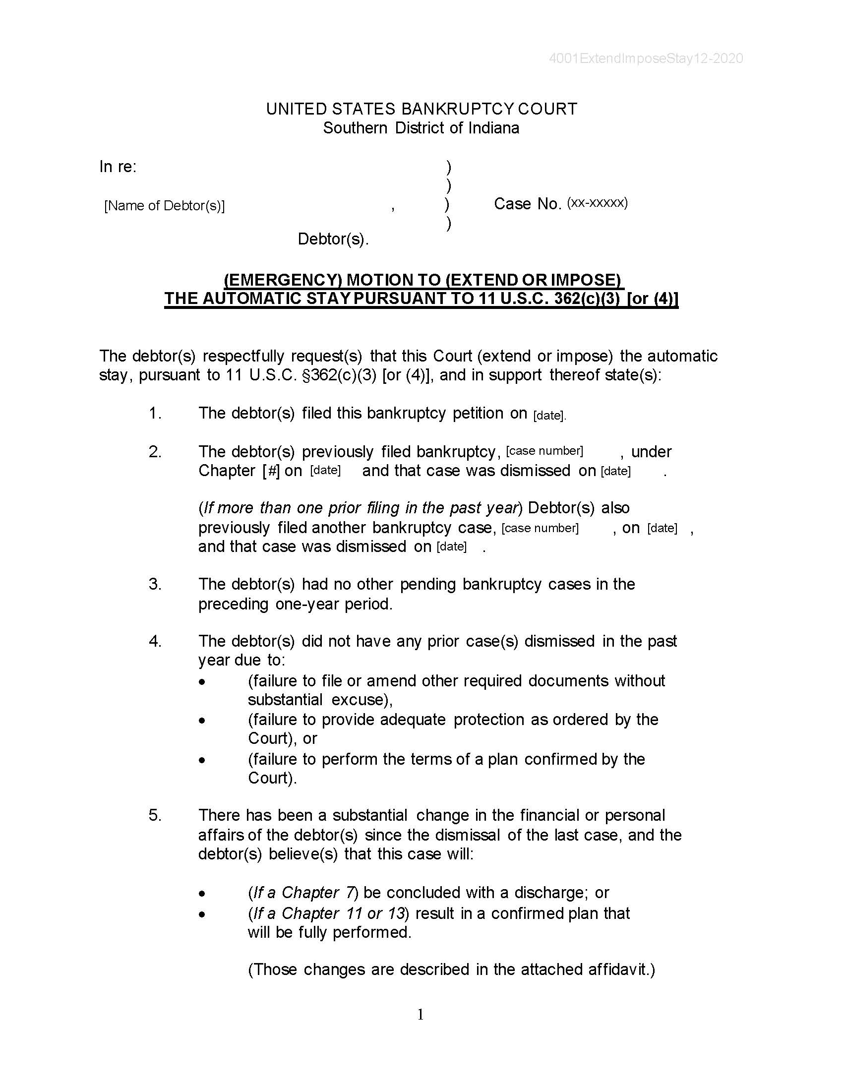 (Emergency) Motion Extend-Impose Automatic Stay With Affidavit In Support {4001} | Pdf Fpdf Docx | Indiana