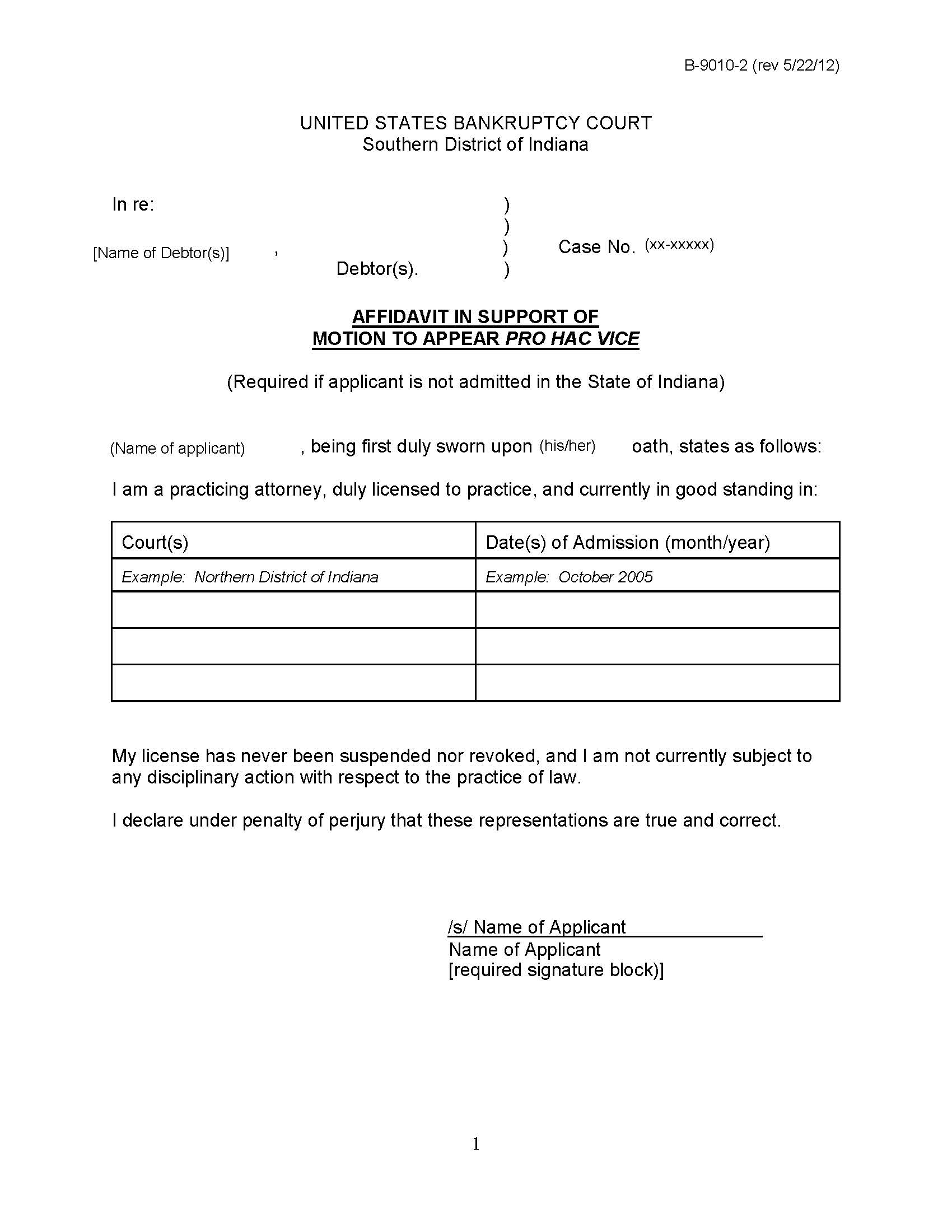Affidavit In Support Of Motion To Appear Pro Hac Vice {B-9010-2} | Pdf Fpdf Doc Docx | Indiana