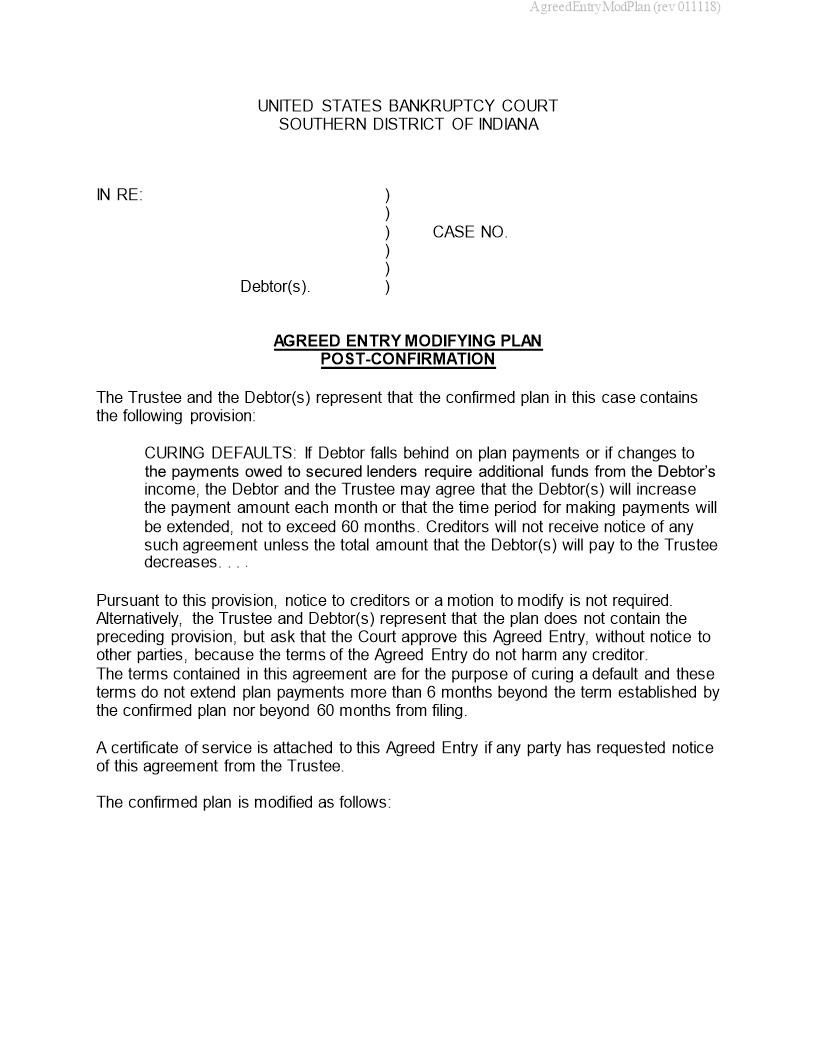 Agreed Entry Modifying Plan Post-Confirmation {INSB AEMPPC} | Pdf Fpdf Docx | Indiana