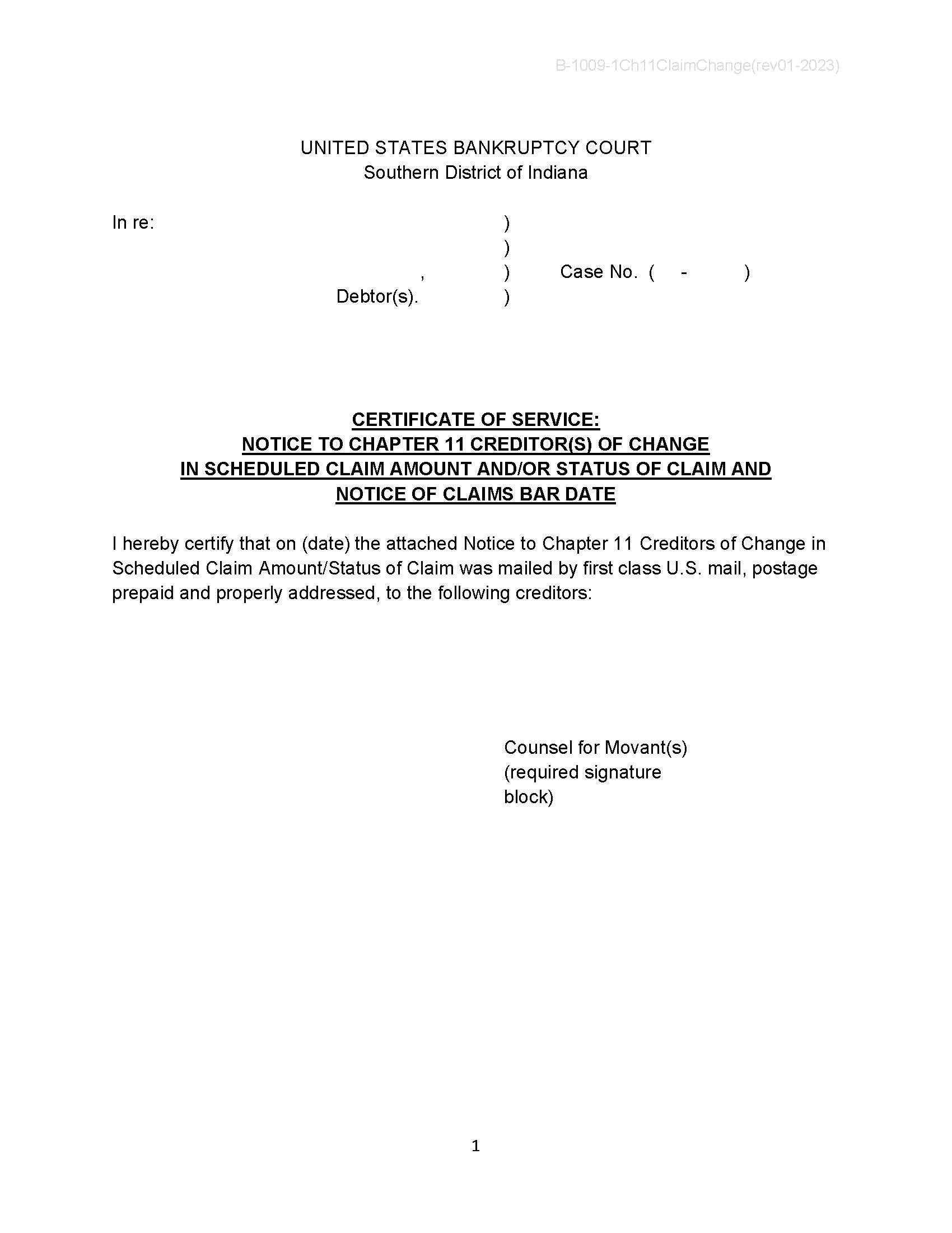 Certificate Of Service Notice Chapter 11 Creditors (Amount Status Bar Date) {B-1009-1} | Pdf Fpdf Doc Docx | Indiana