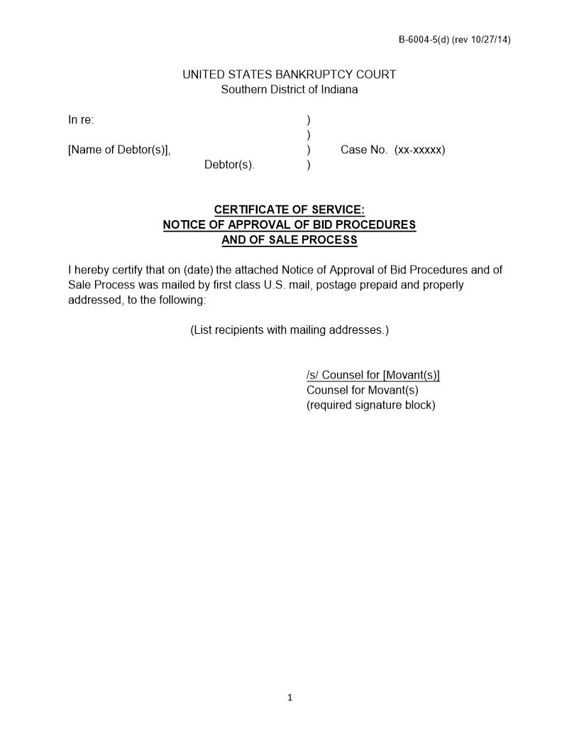 Certificate Of Service Notice Of Approval Bid Procedures Sale Process {B-6004-5(d)} | Pdf Fpdf Docx | Indiana
