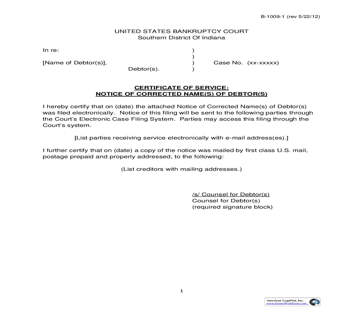 Certificate Of Service Notice Of Corrected Name(s) Of Debtor(s) | Pdf Fpdf Doc Docx | Indiana