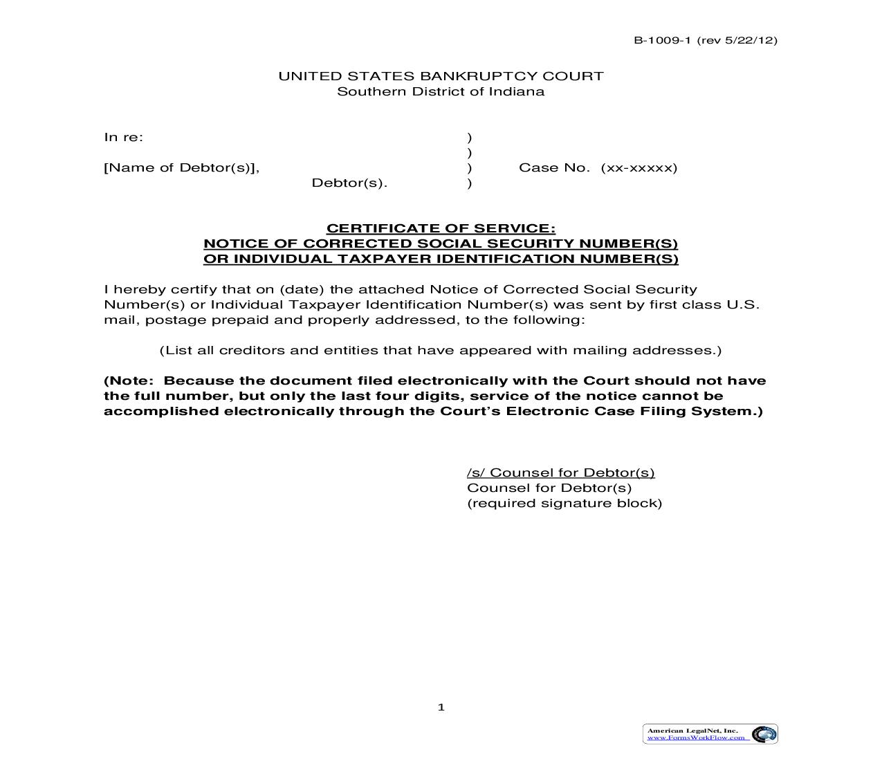 Certificate Of Service Notice Of Corrected Social Security Number(s) | Pdf Fpdf Doc Docx | Indiana