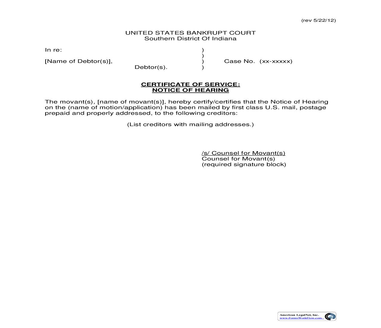 Certificate Of Service Notice Of Hearing | Pdf Fpdf Doc Docx | Indiana