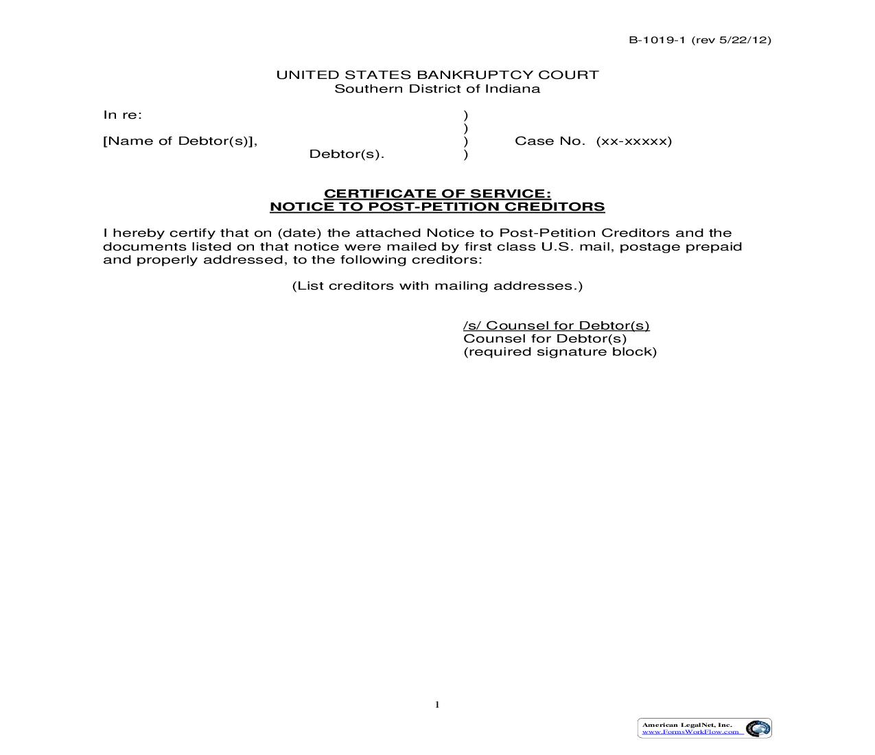 Certificate Of Service Notice To Post Petition Creditors | Pdf Fpdf Doc Docx | Indiana