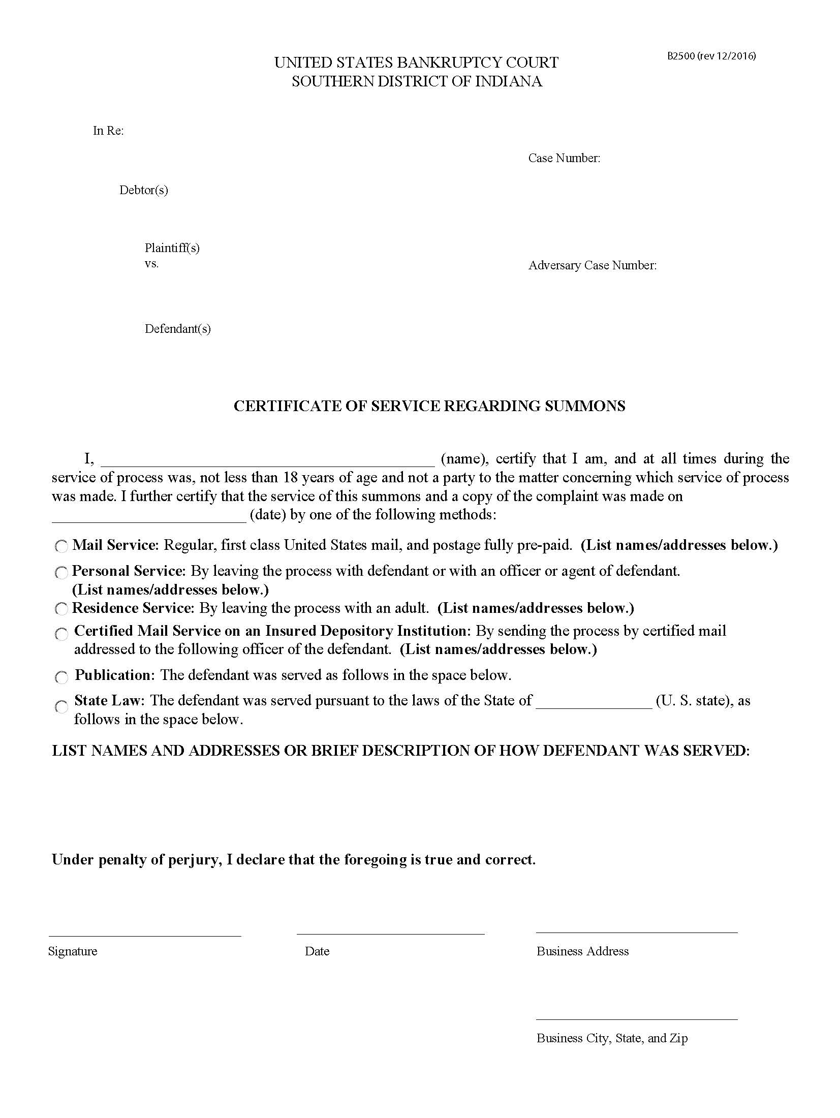 Certificate Of Service Regarding Summons {B2500} | Pdf Fpdf Doc Docx | Indiana