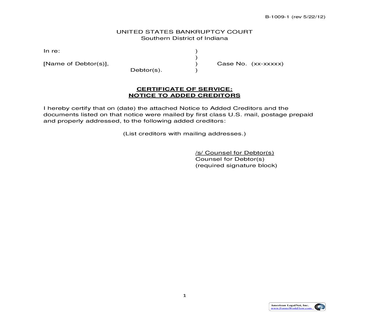 Certificate Of Service To Added Creditors | Pdf Fpdf Doc Docx | Indiana