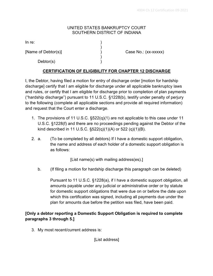 Certification Of Eligibility For Chapter 12 Discharge {4004 Ch 12} | Pdf Fpdf Docx | Indiana
