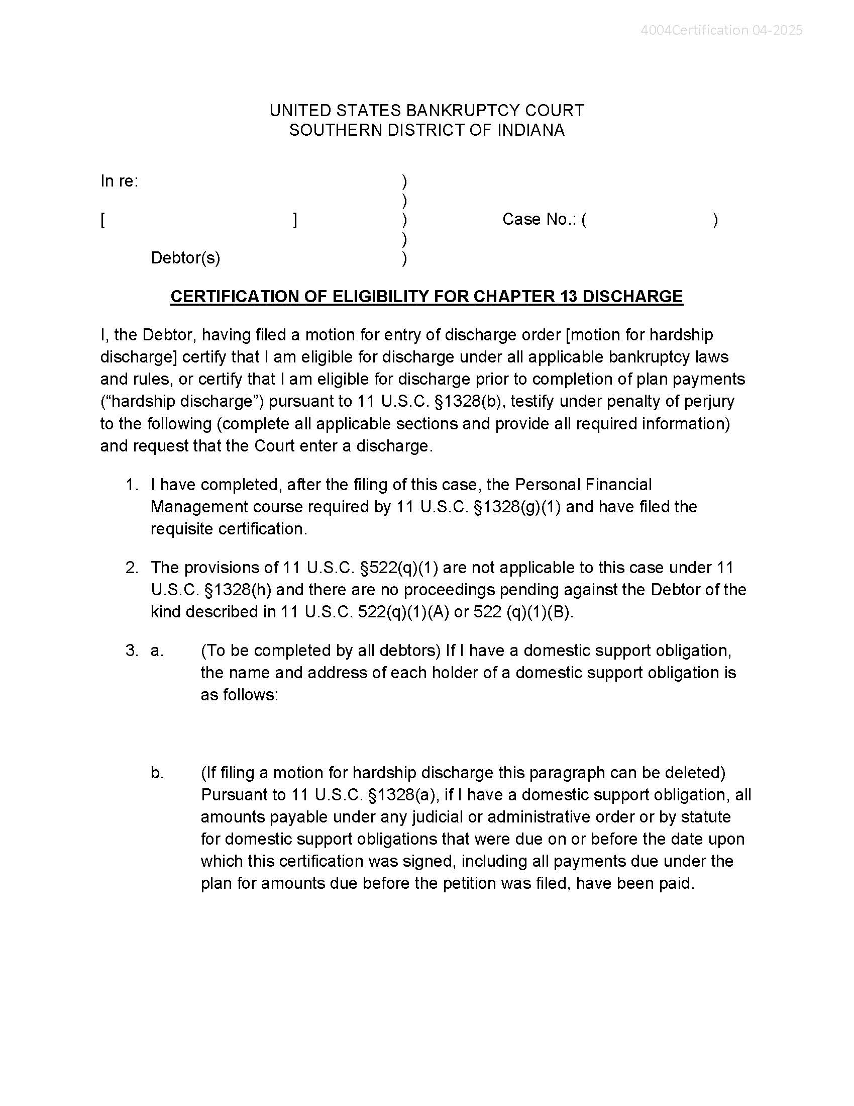 Certification Of Eligibility For Chapter 13 Discharge {4004} | Pdf Fpdf Docx | Indiana