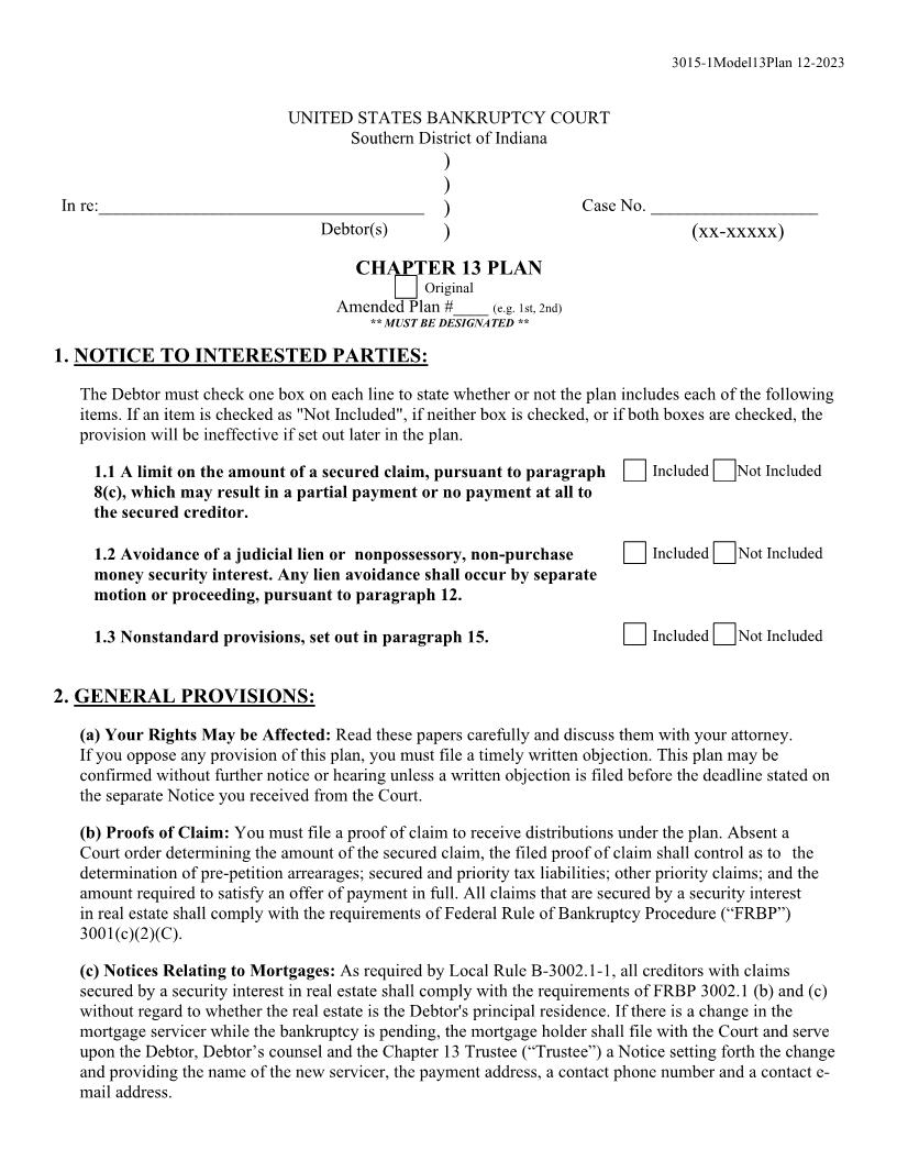 Chapter 13 Model Plan | Pdf Fpdf Doc Docx | Indiana