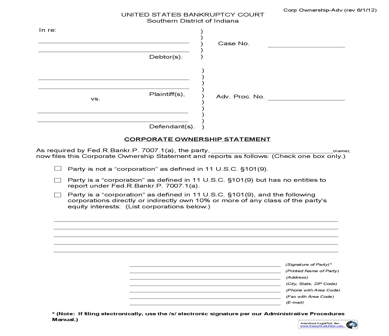 Corporate Ownership Statement (Adversary Proceeding) | Pdf Fpdf Doc Docx | Indiana