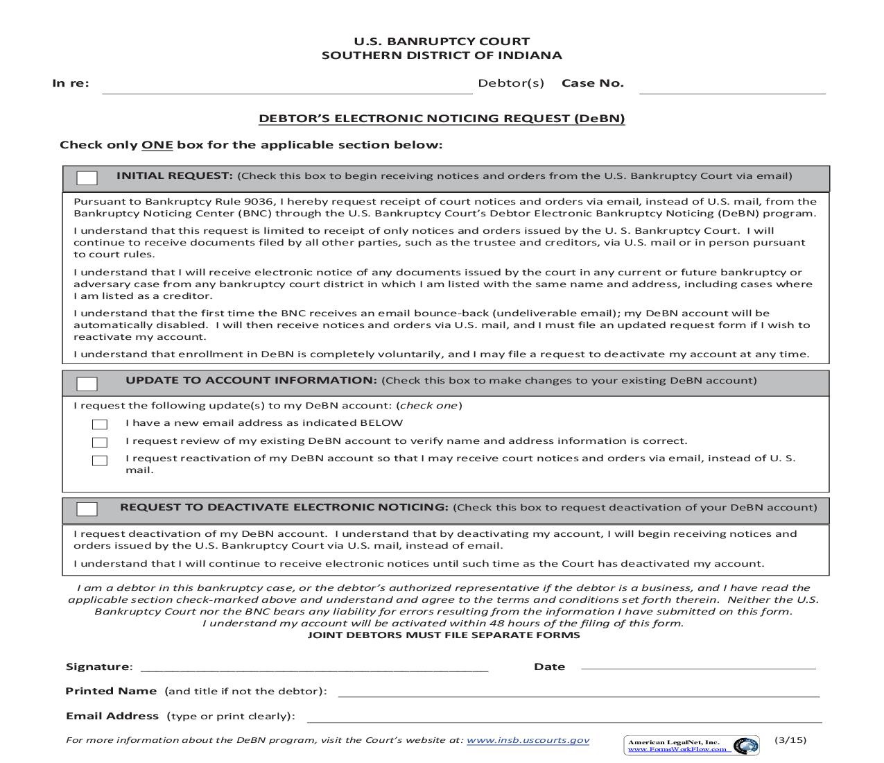 Debtors Electronic Noticing Request (DeBN) | Pdf Fpdf Doc Docx | Indiana