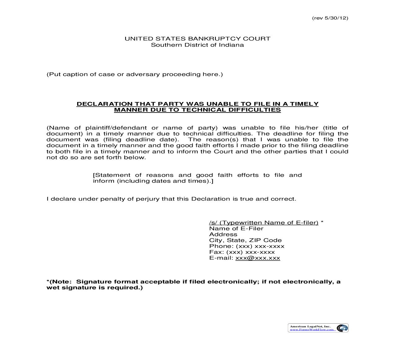 Declaration That Party Was Unable To File In A Timely Manner | Pdf Fpdf Doc Docx | Indiana