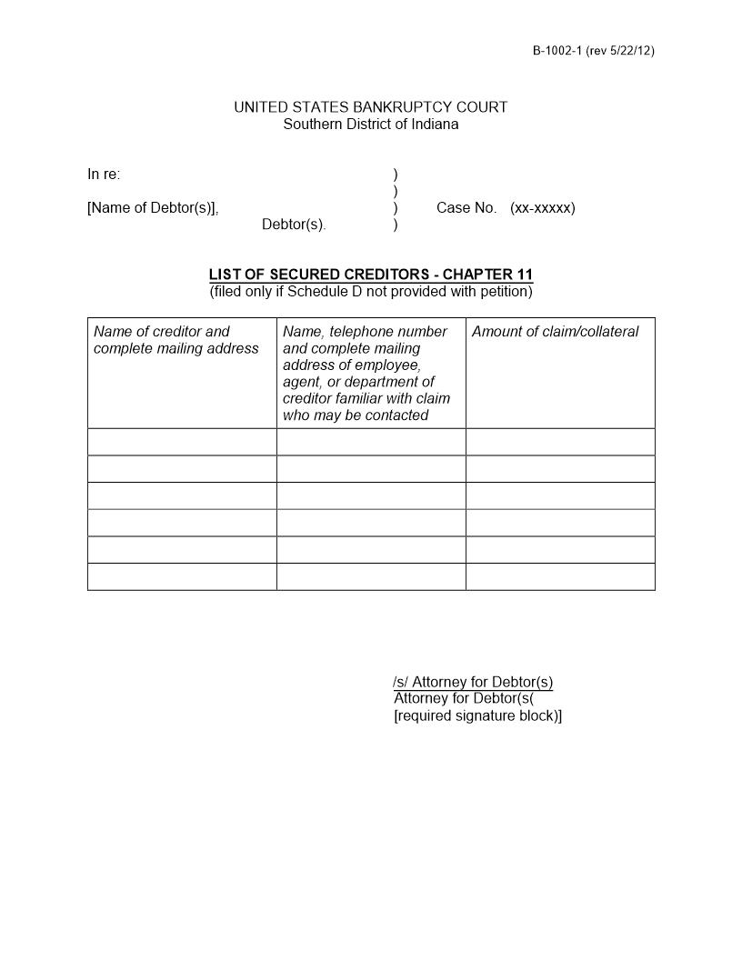 List Of Secured Creditors (Chapter 11) | Pdf Fpdf Doc Docx | Indiana