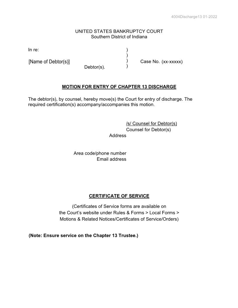 Motion For Entry Of Chapter 13 Discharge {4004} | Pdf Fpdf Docx | Indiana