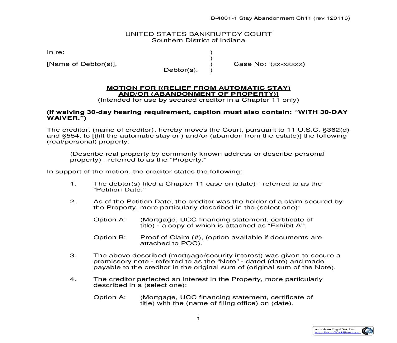Motion For Relief From Automatic Stay And Abandonment Of Property (Chapter 11) {B-4001-1} | Pdf Fpdf Doc Docx | Indiana