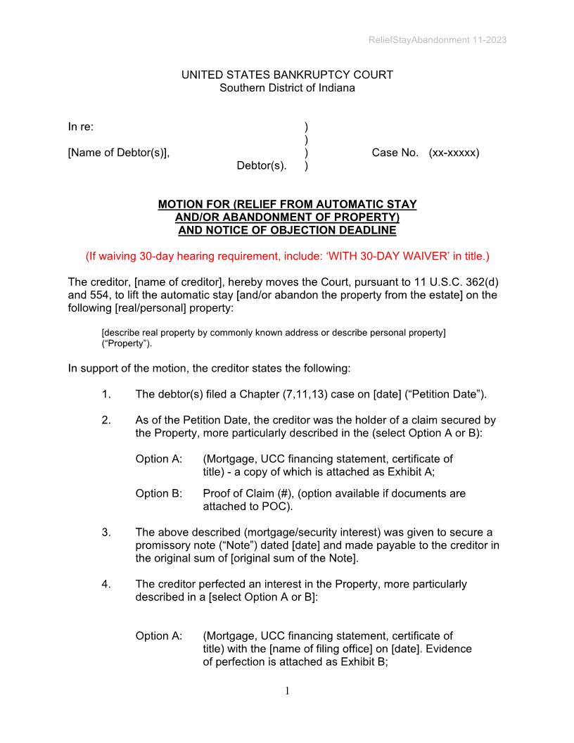 Motion For Relief From Automatic Stay And Abandonment Of Property (Chapter 7 Or 13) {B-4001-1} | Pdf Fpdf Doc Docx | Indiana