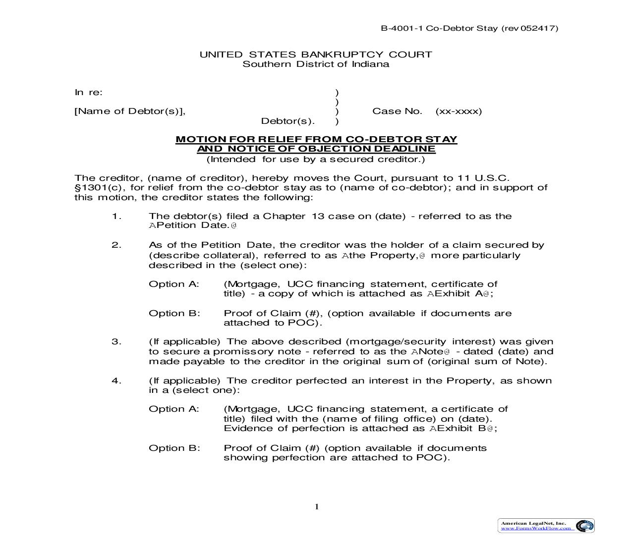 Motion For Relief From Co Debtor Stay And Notice Of Objection Deadline | Pdf Fpdf Doc Docx | Indiana