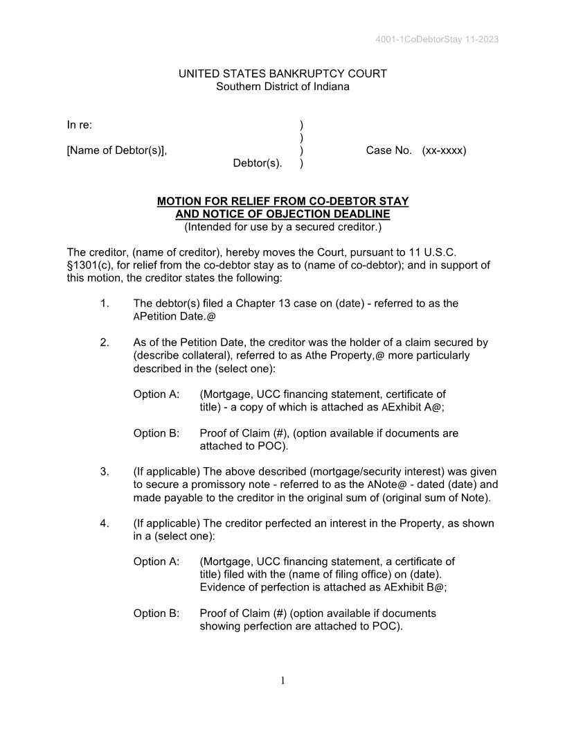 Motion For Relief From Co-Debtor Stay Notice Of Objection Deadline {4001-1} | Pdf Fpdf Docx | Indiana
