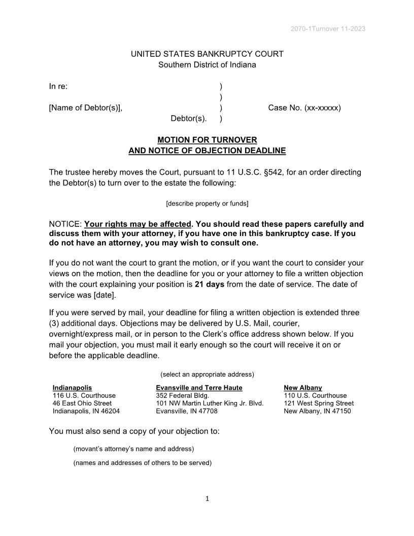 Motion For Turnover And Notice Of Objection Deadline {B 2070-1} | Pdf Fpdf Doc Docx | Indiana