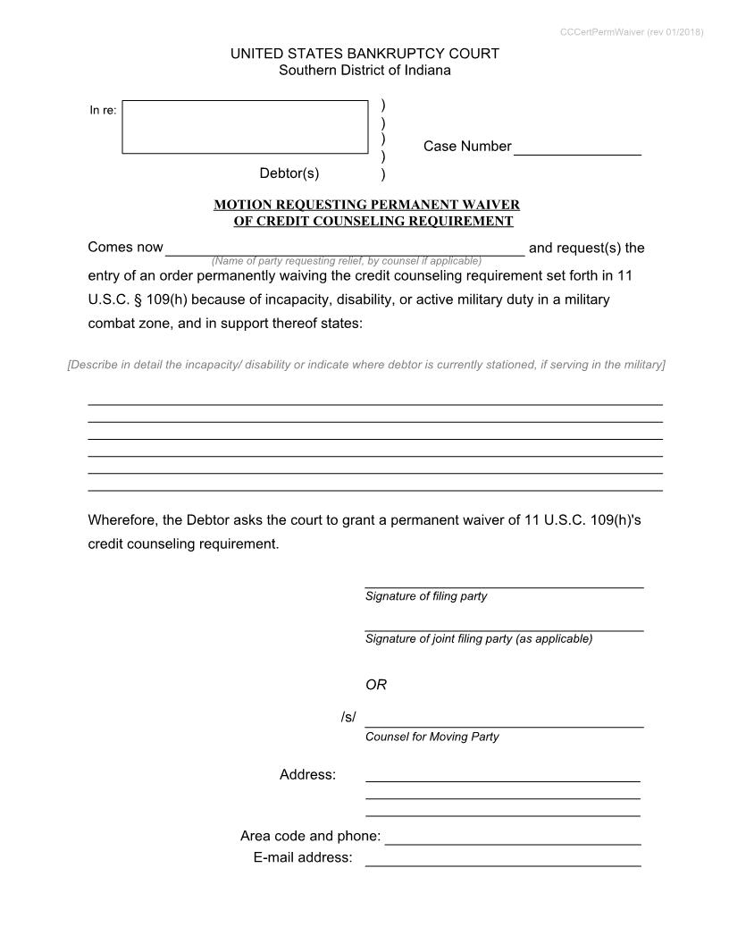 Motion Requesting Permanent Waiver Of Credit Counseling Requirement {INSB CCPW} | Pdf Fpdf Docx | Indiana