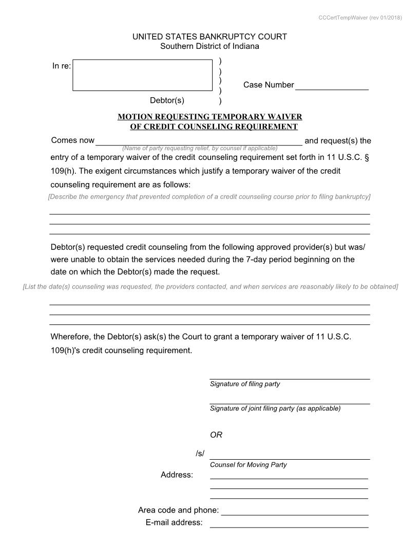 Motion Requesting Temporary Waiver Of Credit Counseling Requirement {INSB CCTW} | Pdf Fpdf Docx | Indiana