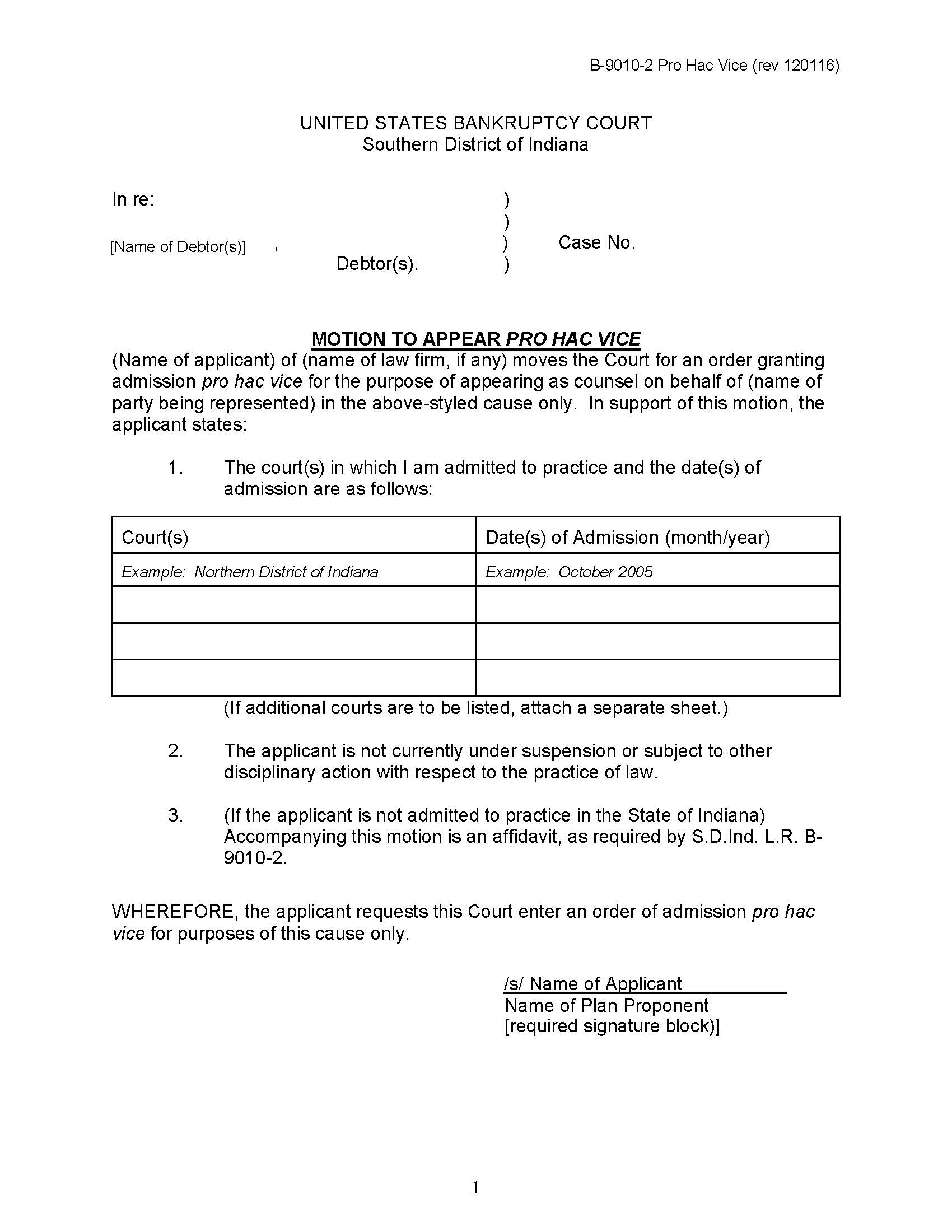 Motion To Appear Pro Hac Vice {B-9010-2} | Pdf Fpdf Doc Docx | Indiana