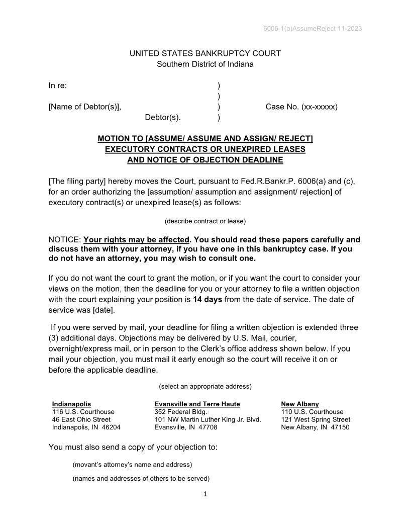 Motion To Assume-Assign-Reject Executory Contracts-Unexpired Leases {B-6006-1(a)} | Pdf Fpdf Docx | Indiana