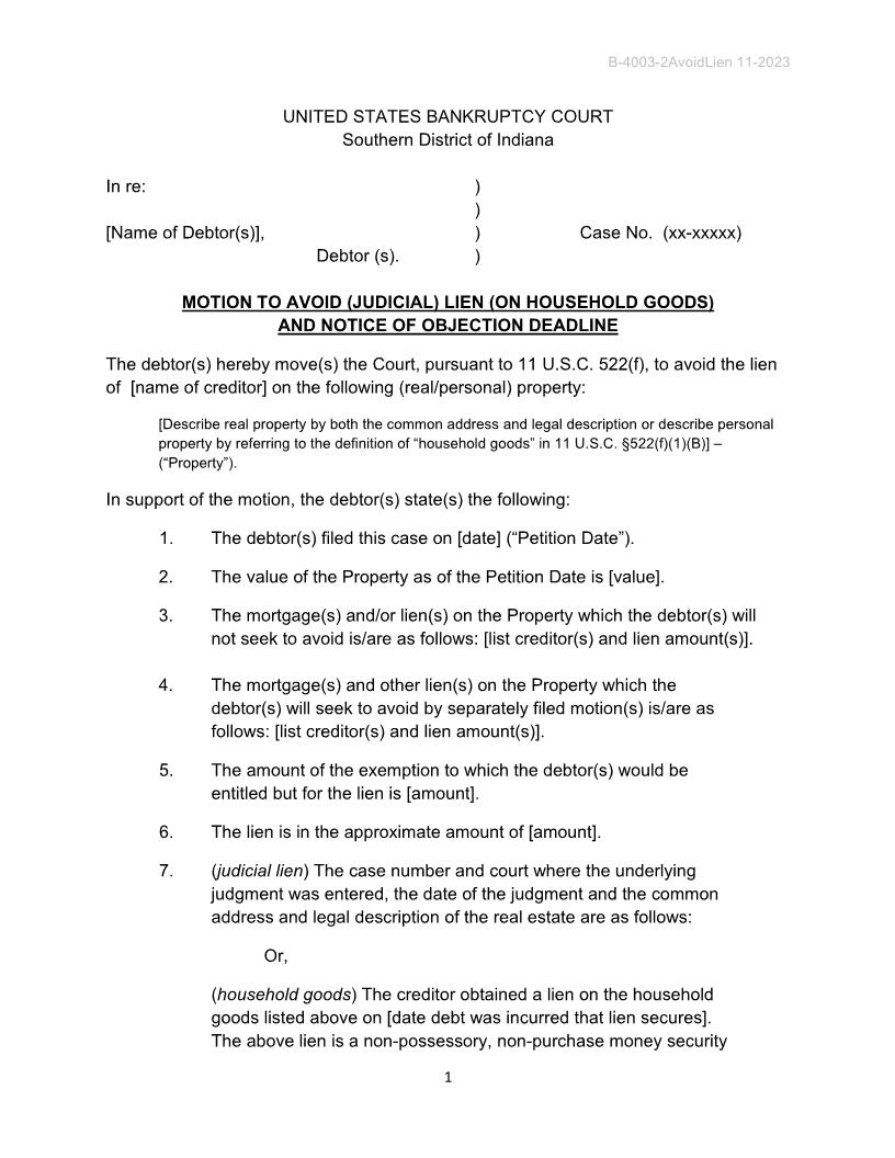 Motion To Avoid (Judicial) Lien (Household Goods) Notice Objection Deadline {B-4003-2} | Pdf Fpdf Doc Docx | Indiana
